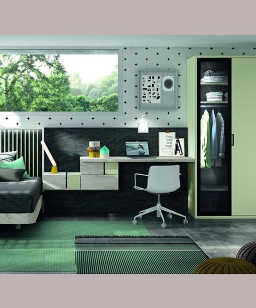 DORMITORIO MADERA CABECERO MERAK MESILLA RECTA TIRADOR Y BANCADA RECTA DETALLE MESA CON PANEL