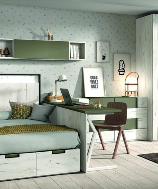 DORMITORIO MADERA CABECERO RIGEL, MESILLAS BALMA y BANCADA PATA DETALLE CANAPE CAJONES Y MESA