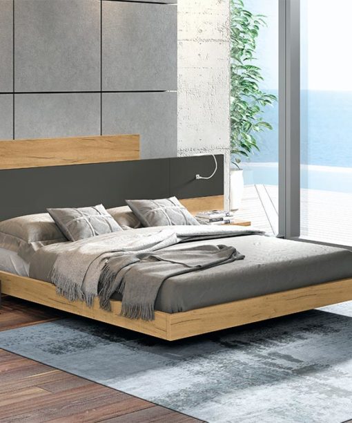DORMITORIO MADERA CABECERO ZANIAH, MESITA CUBO y BANCADA RECTA