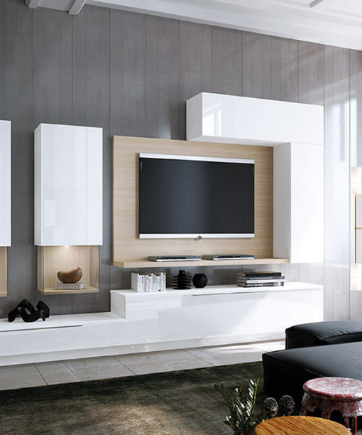 MUEBLE SALON CON PANEL TV Y VITRINAS
